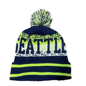 SEATTLE Pom Pom Beanie Hat Cuffed Green Blue Acrylic Cap One Size Unbranded